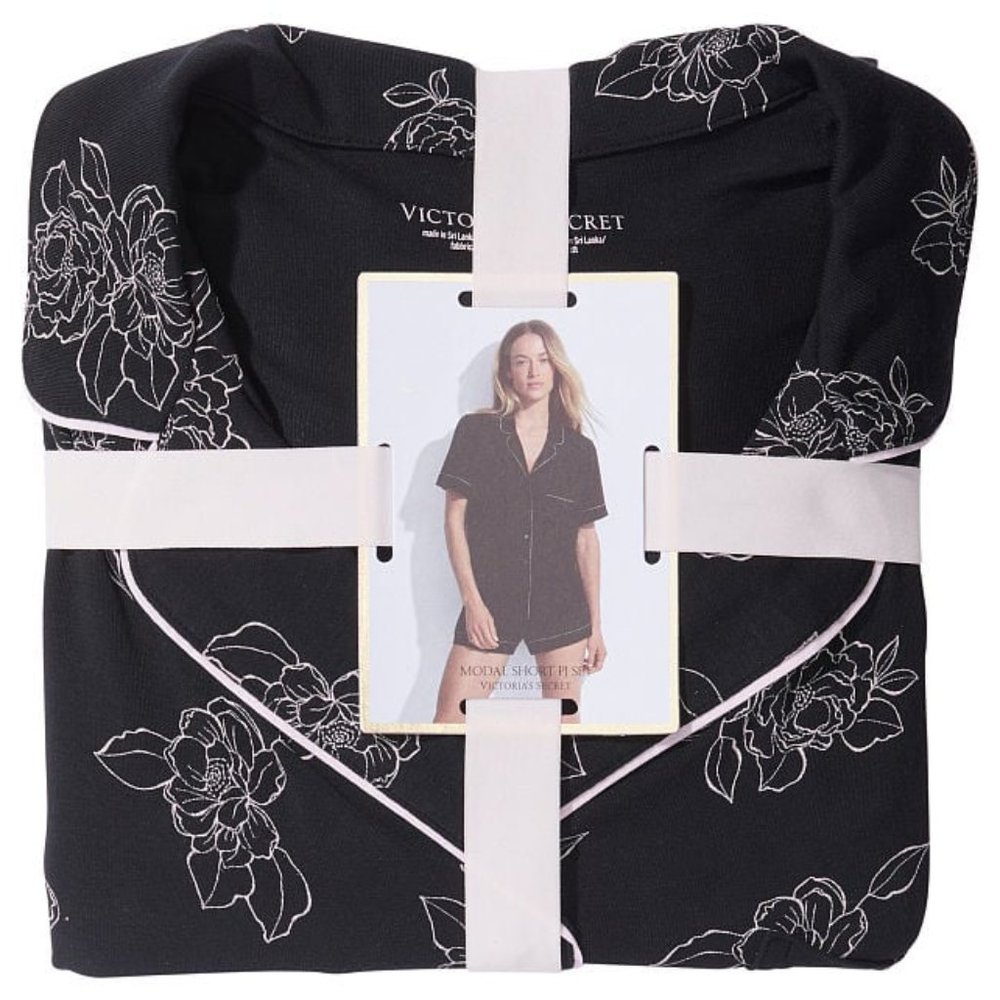 VICTORIA'S SECRET L Modal Short Pajama Set Black White Floral So Comfy! NWT - Picture 4 of 6